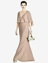 Front View Thumbnail - Topaz V-Back Trumpet Gown with Draped Cape Overlay