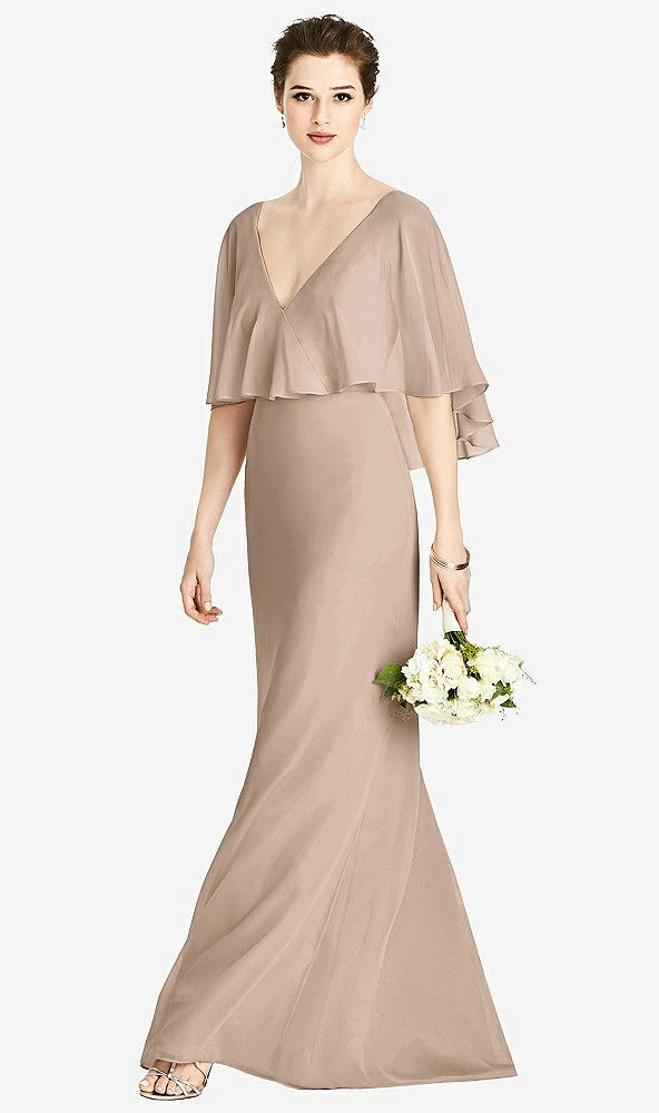 Front View - Topaz V-Back Trumpet Gown with Draped Cape Overlay