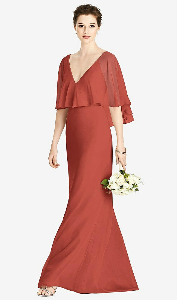 Front View - Amber Sunset V-Back Trumpet Gown with Draped Cape Overlay