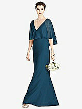 Front View Thumbnail - Atlantic Blue V-Back Trumpet Gown with Draped Cape Overlay