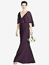 Front View Thumbnail - Aubergine V-Back Trumpet Gown with Draped Cape Overlay