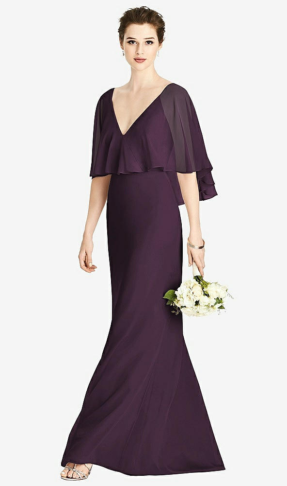 Front View - Aubergine V-Back Trumpet Gown with Draped Cape Overlay