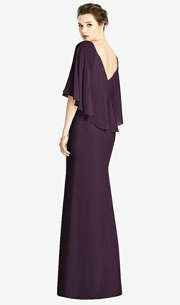 Back View - Aubergine V-Back Trumpet Gown with Draped Cape Overlay