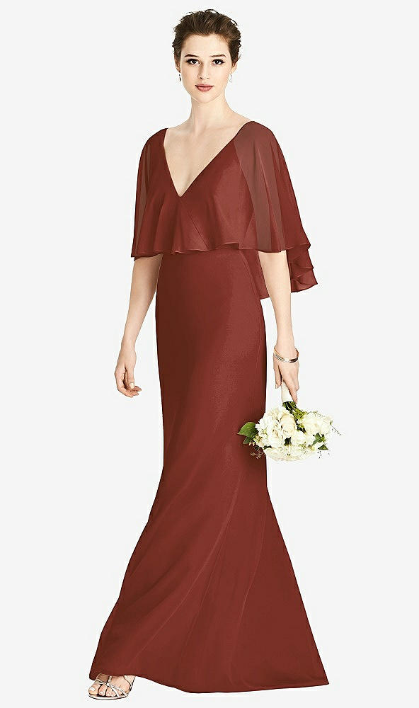 Front View - Auburn Moon V-Back Trumpet Gown with Draped Cape Overlay