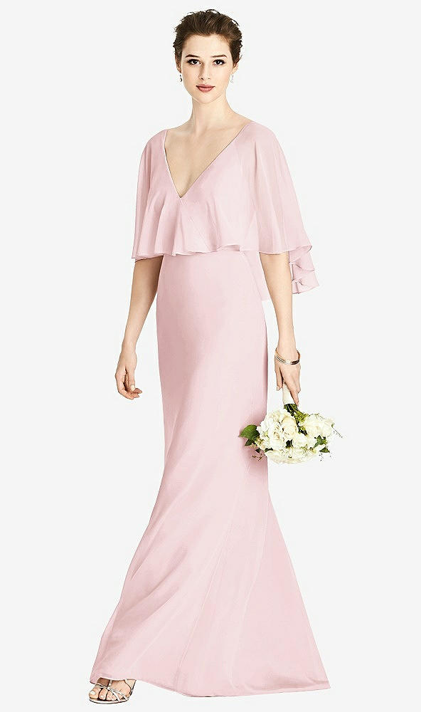 Front View - Ballet Pink V-Back Trumpet Gown with Draped Cape Overlay