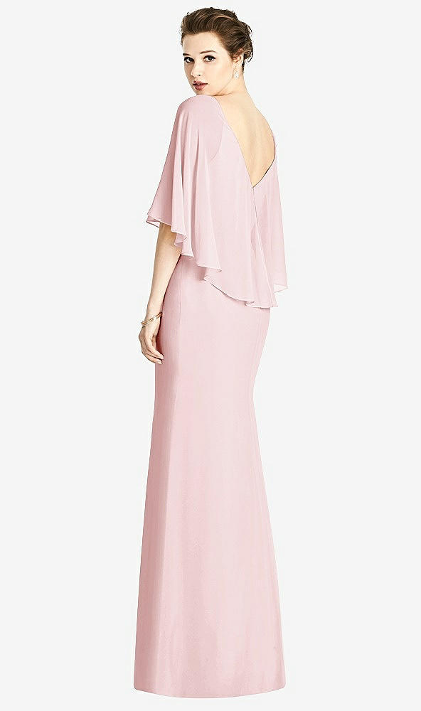 Back View - Ballet Pink V-Back Trumpet Gown with Draped Cape Overlay