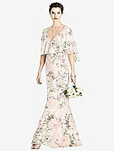 Front View Thumbnail - Blush Garden V-Back Trumpet Gown with Draped Cape Overlay