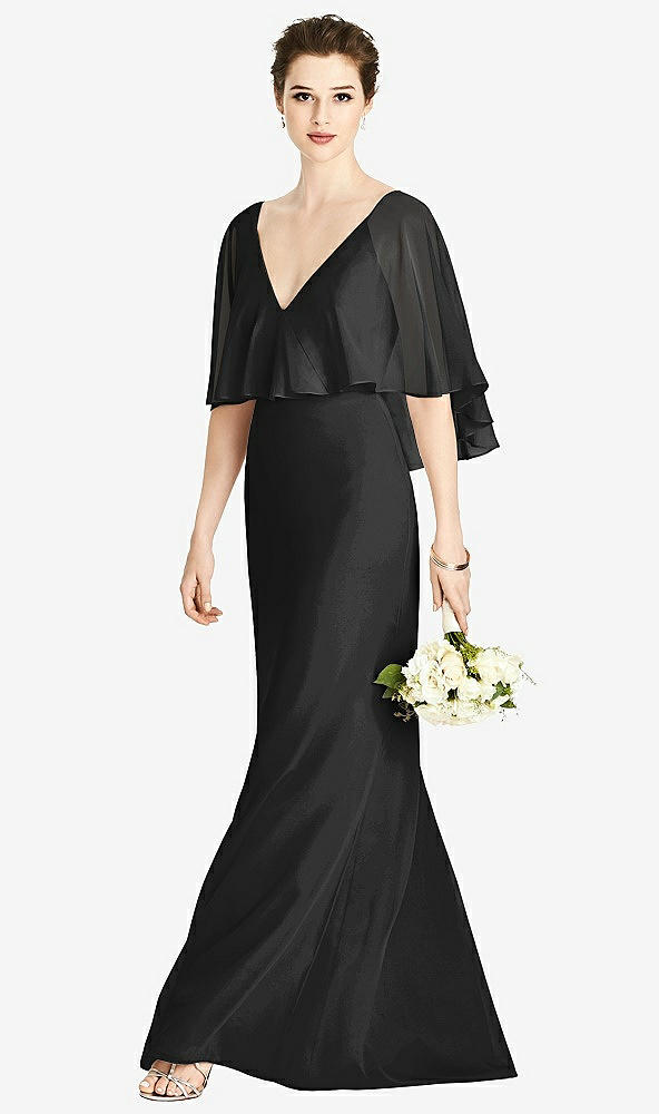 Front View - Black V-Back Trumpet Gown with Draped Cape Overlay