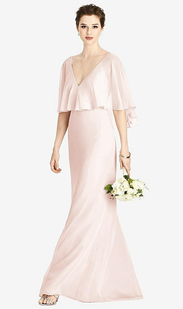 Front View - Blush V-Back Trumpet Gown with Draped Cape Overlay