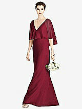 Front View Thumbnail - Burgundy V-Back Trumpet Gown with Draped Cape Overlay