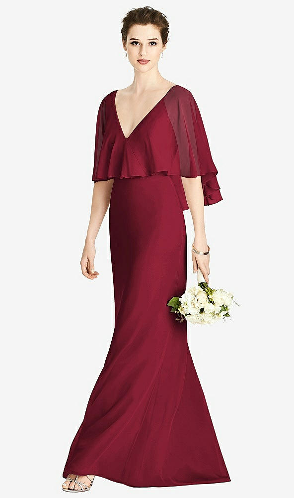 Front View - Burgundy V-Back Trumpet Gown with Draped Cape Overlay