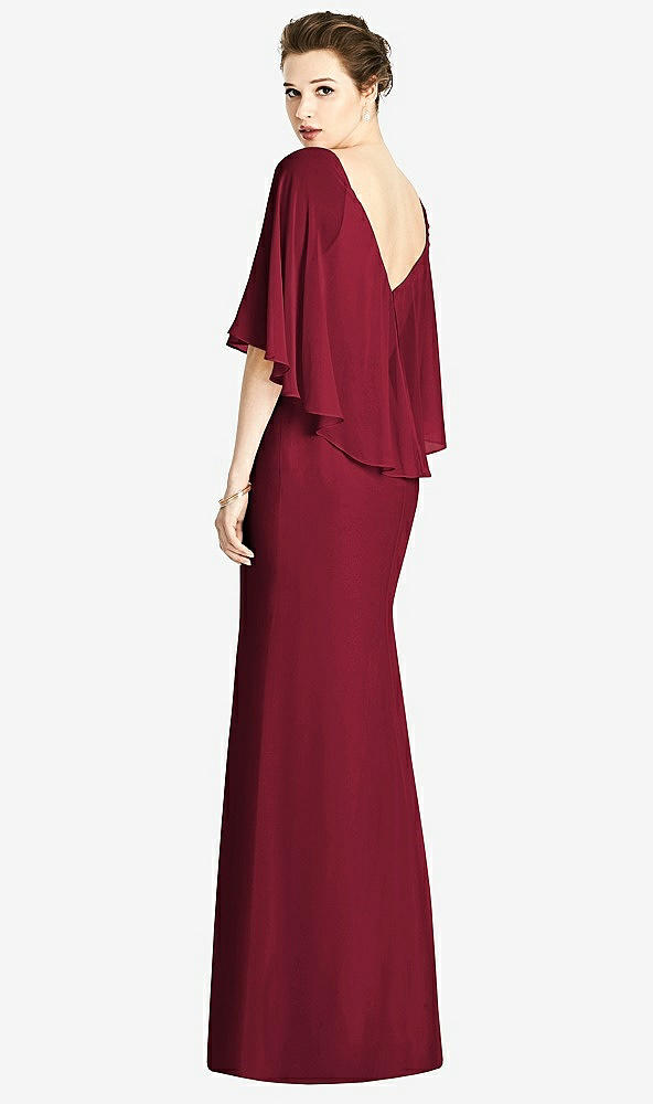 Back View - Burgundy V-Back Trumpet Gown with Draped Cape Overlay