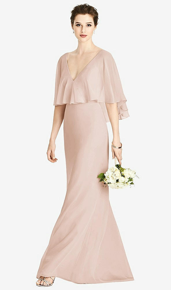 Front View - Cameo V-Back Trumpet Gown with Draped Cape Overlay