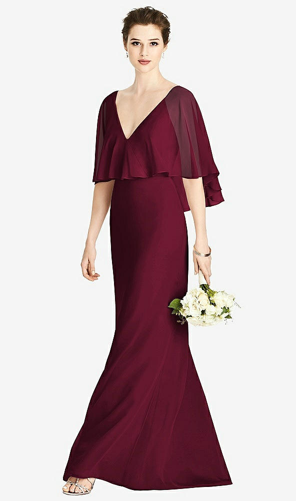 Front View - Cabernet V-Back Trumpet Gown with Draped Cape Overlay