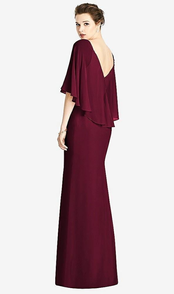 Back View - Cabernet V-Back Trumpet Gown with Draped Cape Overlay