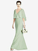 Front View Thumbnail - Celadon V-Back Trumpet Gown with Draped Cape Overlay