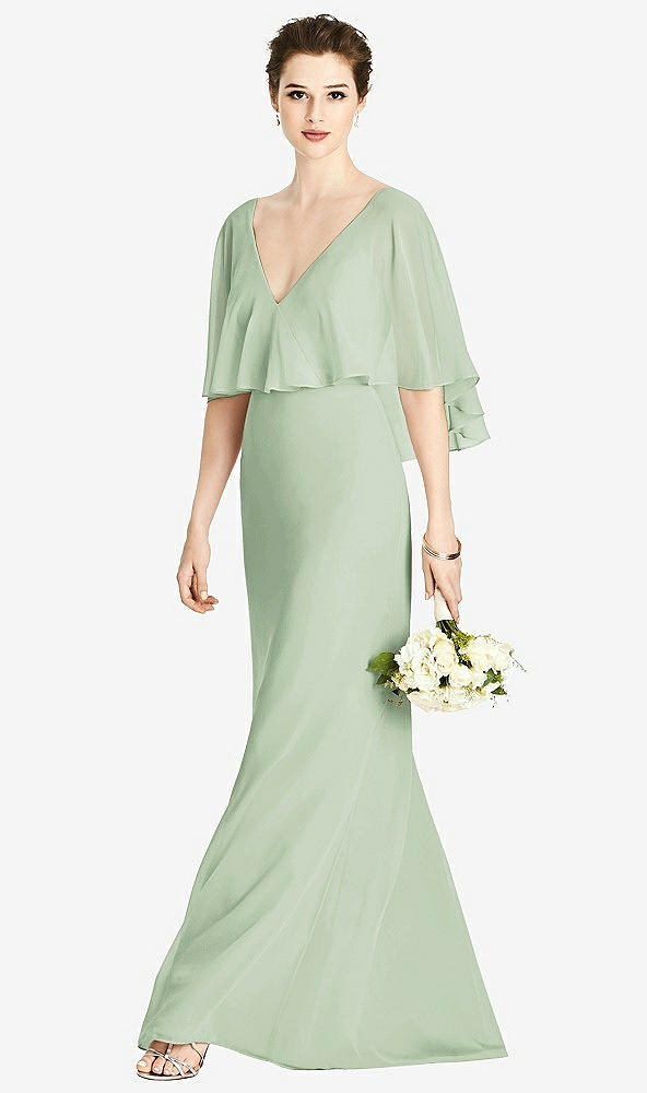Front View - Celadon V-Back Trumpet Gown with Draped Cape Overlay