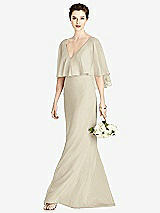Front View Thumbnail - Champagne V-Back Trumpet Gown with Draped Cape Overlay