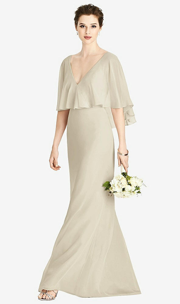 Front View - Champagne V-Back Trumpet Gown with Draped Cape Overlay