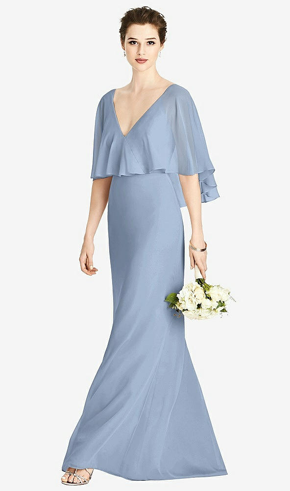 Front View - Cloudy V-Back Trumpet Gown with Draped Cape Overlay