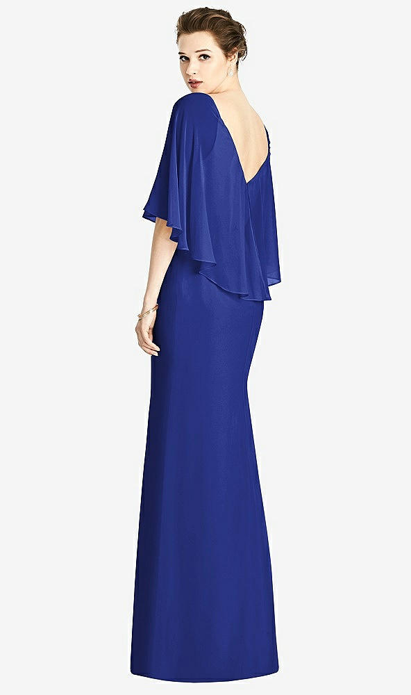 Back View - Cobalt Blue V-Back Trumpet Gown with Draped Cape Overlay