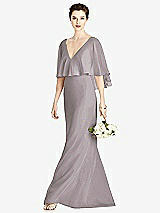 Front View Thumbnail - Cashmere Gray V-Back Trumpet Gown with Draped Cape Overlay