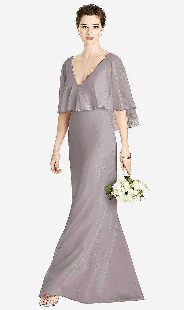 Front View - Cashmere Gray V-Back Trumpet Gown with Draped Cape Overlay