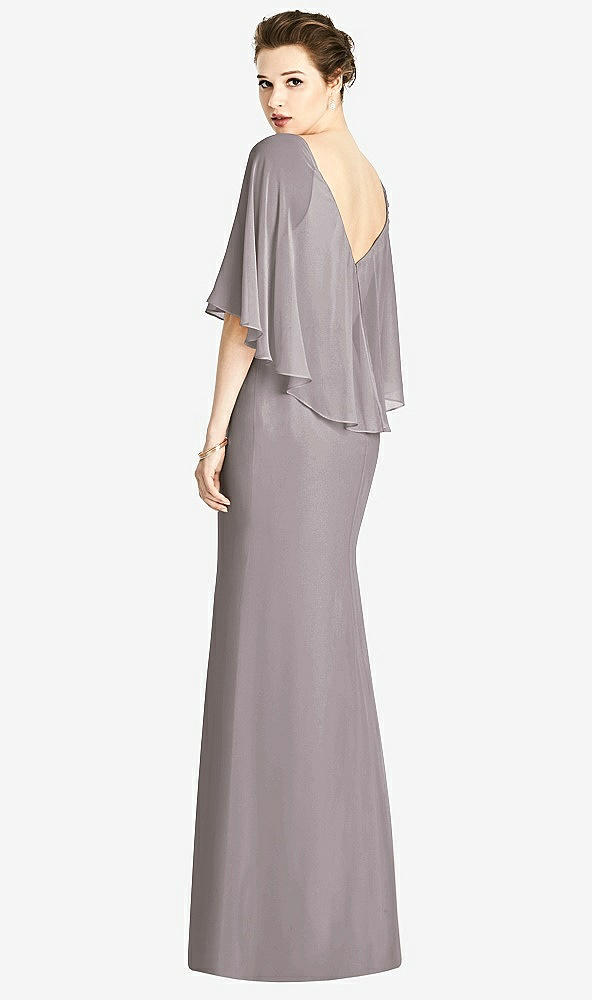 Back View - Cashmere Gray V-Back Trumpet Gown with Draped Cape Overlay