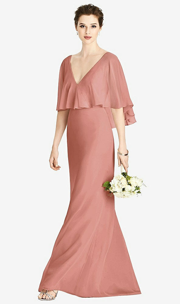 Front View - Desert Rose V-Back Trumpet Gown with Draped Cape Overlay