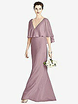 Front View Thumbnail - Dusty Rose V-Back Trumpet Gown with Draped Cape Overlay
