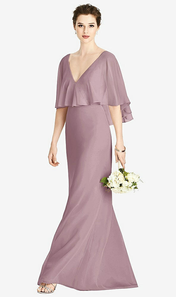 Front View - Dusty Rose V-Back Trumpet Gown with Draped Cape Overlay