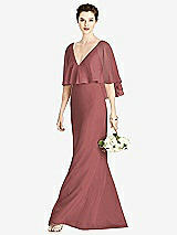 Front View Thumbnail - English Rose V-Back Trumpet Gown with Draped Cape Overlay