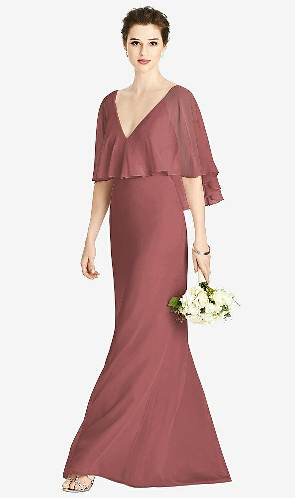 Front View - English Rose V-Back Trumpet Gown with Draped Cape Overlay
