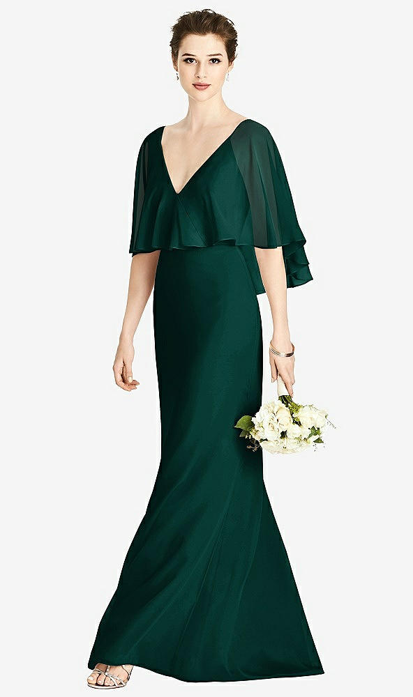 Front View - Evergreen V-Back Trumpet Gown with Draped Cape Overlay