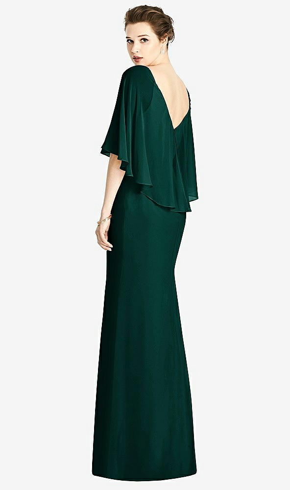 Back View - Evergreen V-Back Trumpet Gown with Draped Cape Overlay