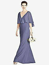 Front View Thumbnail - French Blue V-Back Trumpet Gown with Draped Cape Overlay