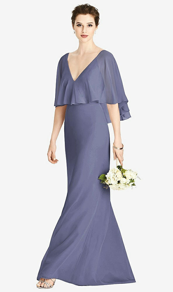 Front View - French Blue V-Back Trumpet Gown with Draped Cape Overlay