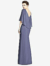 Rear View Thumbnail - French Blue V-Back Trumpet Gown with Draped Cape Overlay