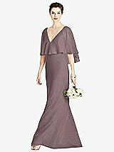 Front View Thumbnail - French Truffle V-Back Trumpet Gown with Draped Cape Overlay