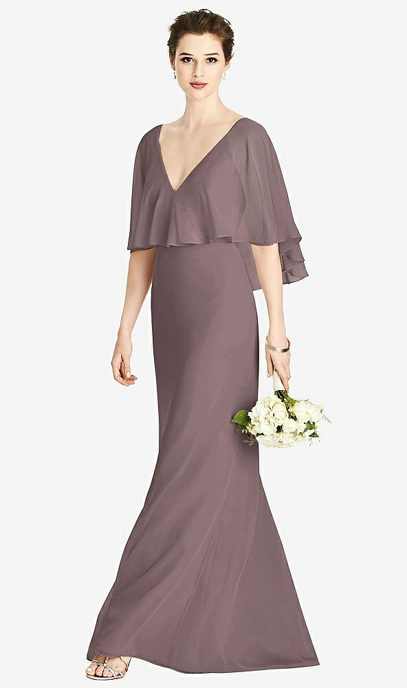 Front View - French Truffle V-Back Trumpet Gown with Draped Cape Overlay
