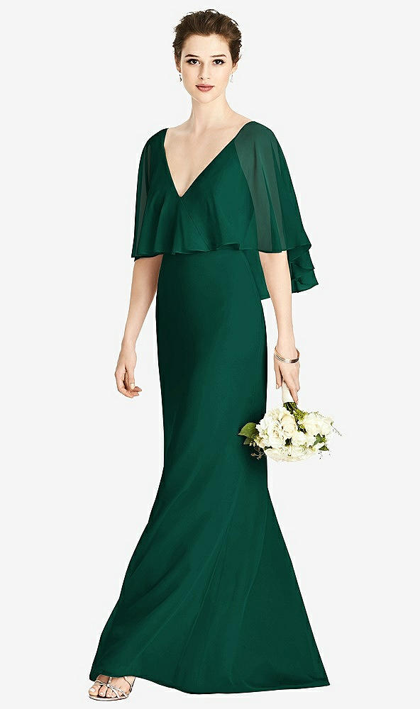 Front View - Hunter Green V-Back Trumpet Gown with Draped Cape Overlay