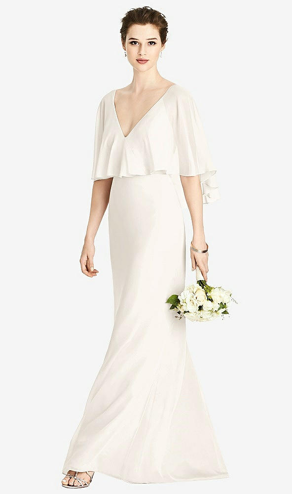 Front View - Ivory V-Back Trumpet Gown with Draped Cape Overlay