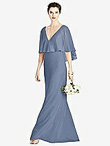 Front View Thumbnail - Larkspur Blue V-Back Trumpet Gown with Draped Cape Overlay