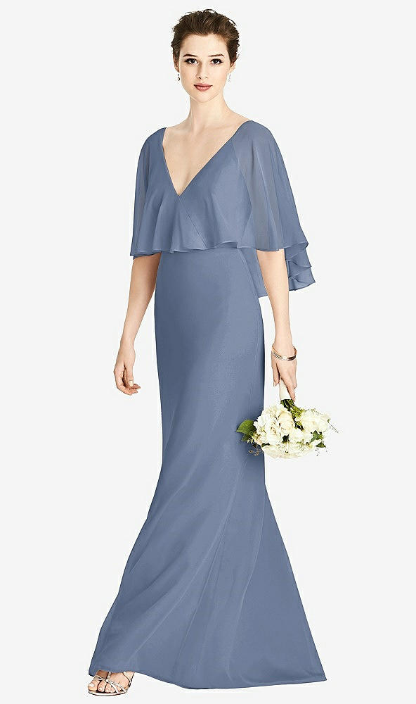 Front View - Larkspur Blue V-Back Trumpet Gown with Draped Cape Overlay