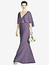 Front View Thumbnail - Lavender V-Back Trumpet Gown with Draped Cape Overlay