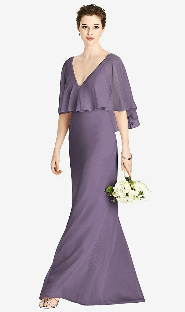 Front View - Lavender V-Back Trumpet Gown with Draped Cape Overlay