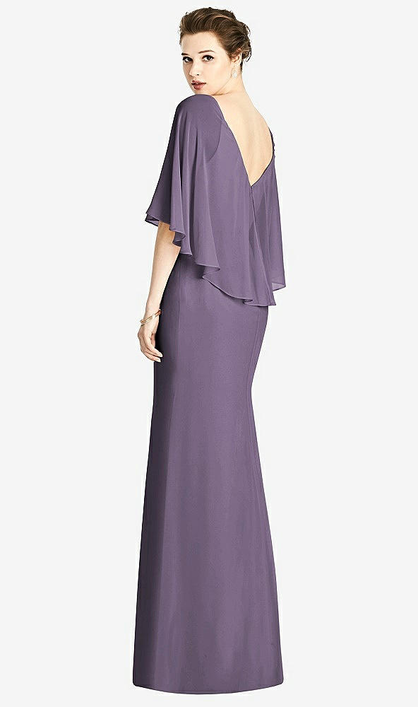 Back View - Lavender V-Back Trumpet Gown with Draped Cape Overlay