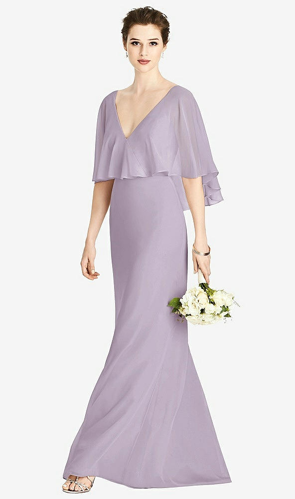 Front View - Lilac Haze V-Back Trumpet Gown with Draped Cape Overlay