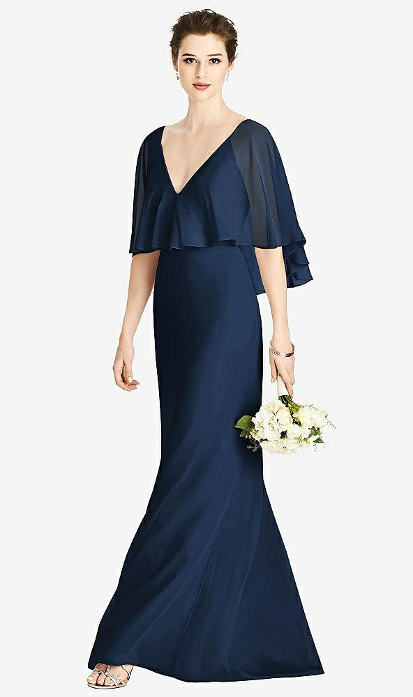 Front View - Midnight Navy V-Back Trumpet Gown with Draped Cape Overlay