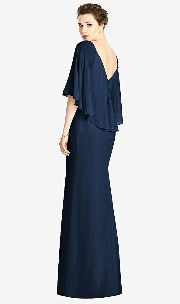 Back View - Midnight Navy V-Back Trumpet Gown with Draped Cape Overlay